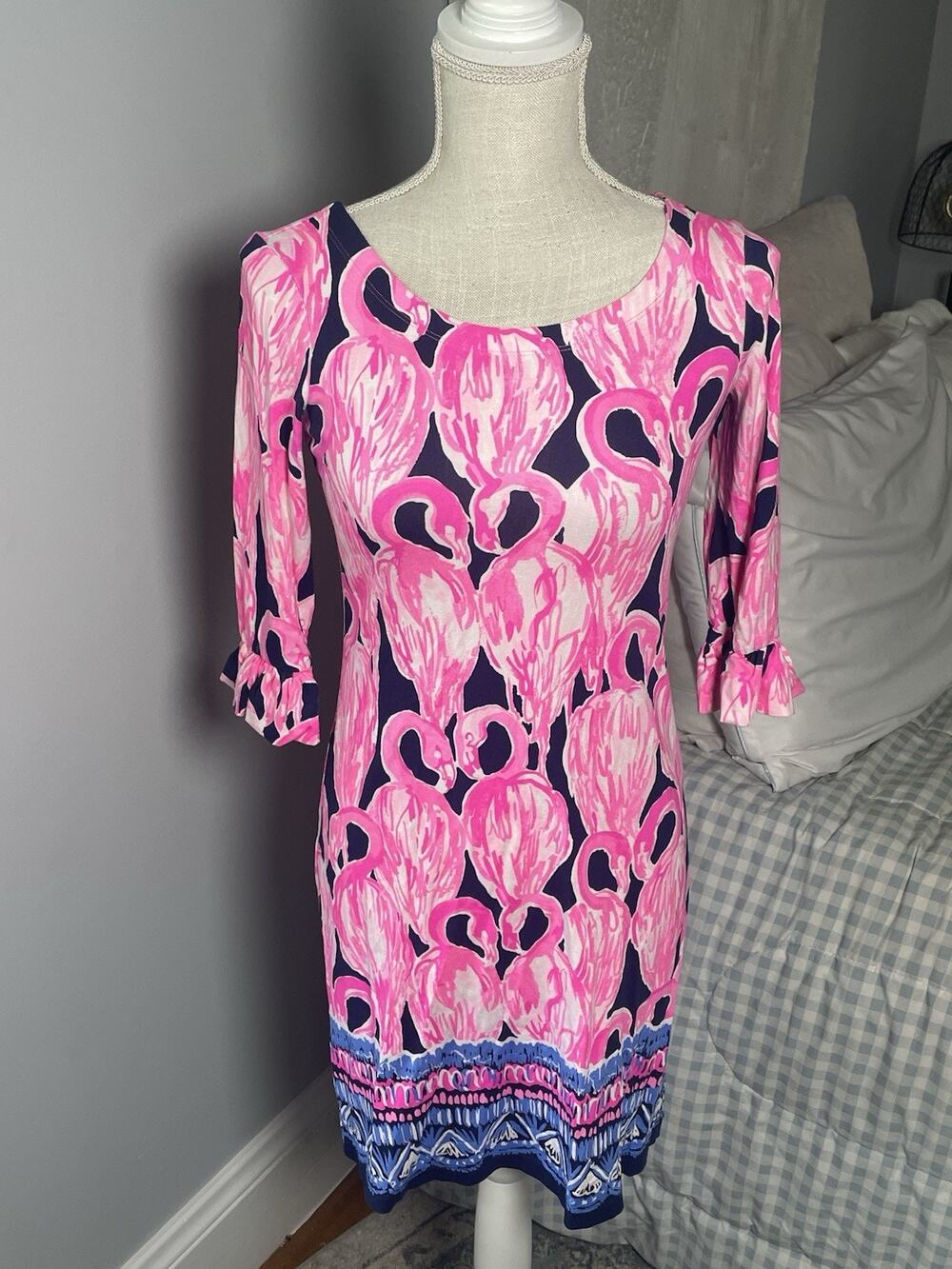 Lilly Pulitzer XXS Pink Flamingo Shift Dress 3/4 Sleeve Ruffle Cuff Stretch